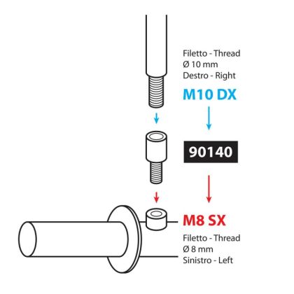 Mirror adapter - thread Ø 10 mm right > Ø 8 mm left