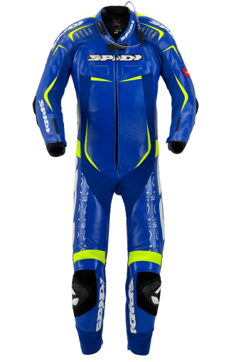 Leather moto gear with SPIDI TRACK REPLICA EVO BLUE/YELLOW camber