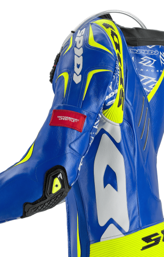 Leather moto gear with SPIDI TRACK REPLICA EVO BLUE/YELLOW camber