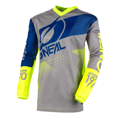 Tricou de motocross O'NEAL ELEMENT FACTOR GRI/ALBASTRU/GALBEN NEON